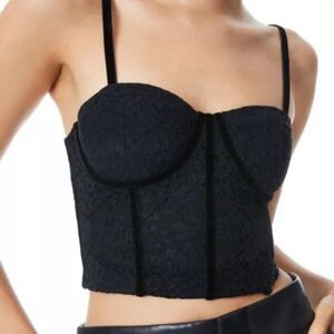 Alice Olivia Bralette Bustier Size 4 Black Lace Velvet Trim Elastic Zip Back